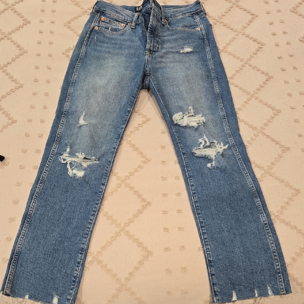 GAP Blue Straight Leg Jeans with Distressed Details